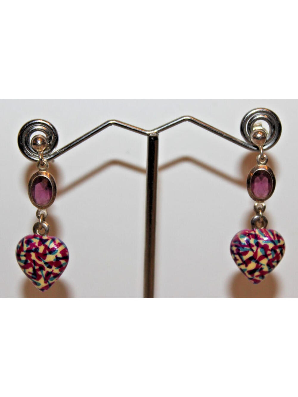 Vintage Milor Italy 925 Silver Heart Dangle Earrings Purple Stone 1.5"
